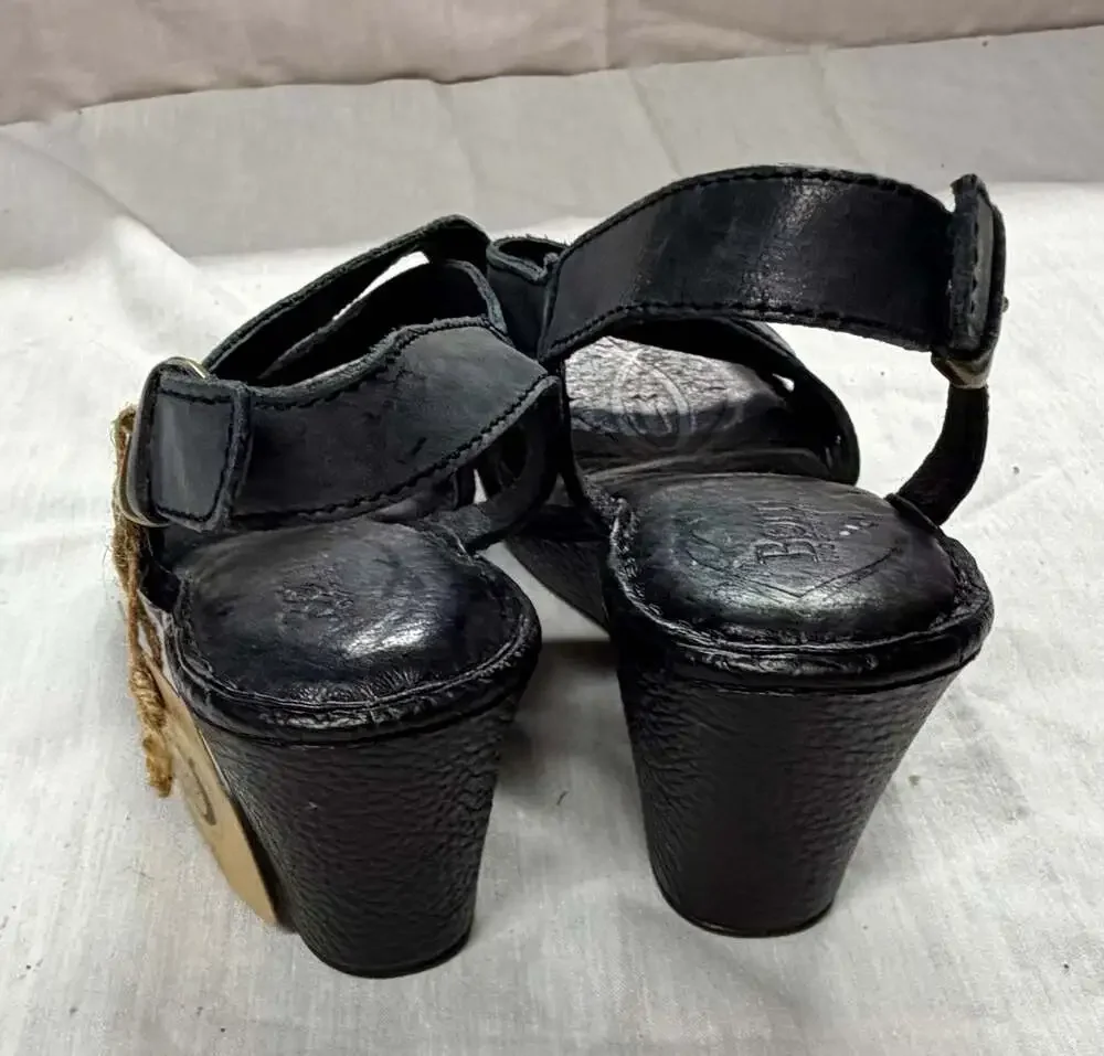Born Black Leather Idella Strappy Slingback Wedge Sandals